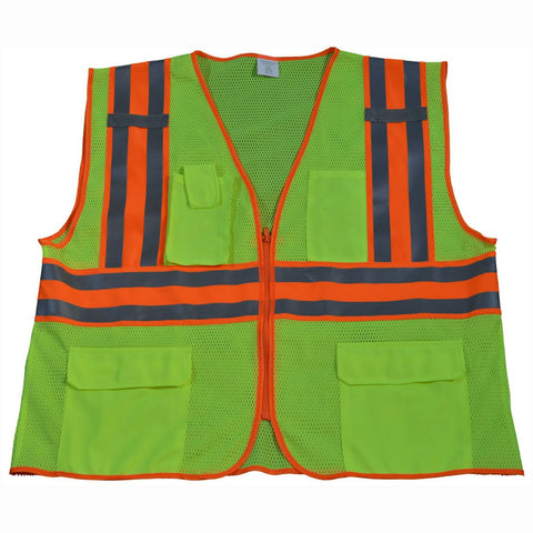 Petra Roc LVM2-CB2-2X/3X ANSI Class 2 Safety Vest with Orange Contrast Binding, XX-Large/XXX-Large, Lime Mesh