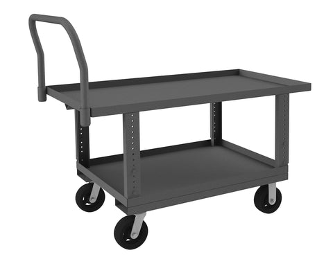 Platform Truck Adjustable Work Height 12 Gauge 2000 lbs Capacity 2 Shelves 30 x 48 Lipped Deck 6 x 2 Mold-On Rubber Casters - (2) Rigid (2) Swivel Gray
