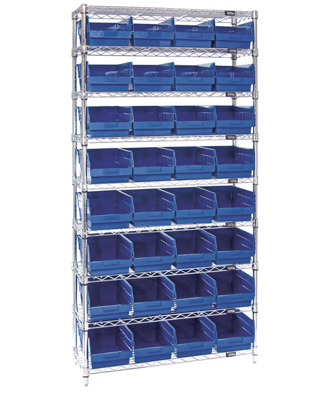 Quantum Storage Systems WR9-207BL 9-Tier Complete Wire Shelving System with 32 QSB207 Blue Store-More Bins, Chrome Finish, 74" Height x 36" Width x 12" Depth