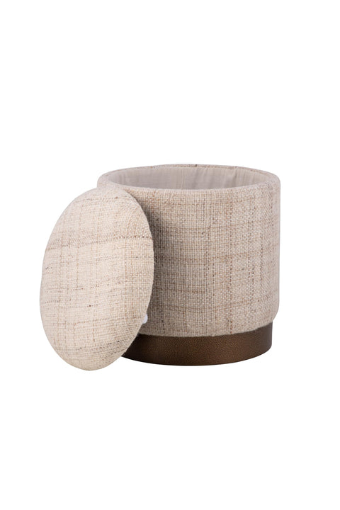 Carolina Chair & Table Handwoven Storage Ottoman with Hammered Metal Base - Solid Wood Frame, Hidden Storage Compartment, Compact Round Foot Stool for Bedroom, Apartments, Condos (Solid Beige)