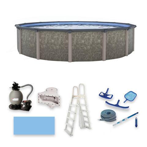 Blue Wave Riviera 24-ft Round 54-in Deep Above Ground Swimming Pool – with Steel Wall, Top Rails, Sand Filter, Overlap Liner, A-Frame Ladder & Maintenance Kit – Complete Outdoor Pool Accessories