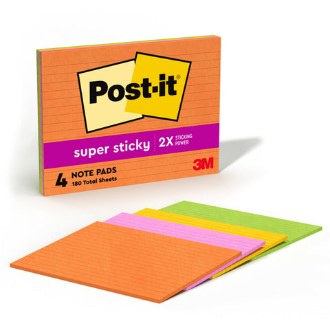Post-it Super Sticky Lined Notes, 4 Sticky Note Pads, 8 x 6 in., School Supplies, Office Products, Sticky Notes for Vertical Surfaces, Monitors, Walls and Windows, Energy Boost Collection