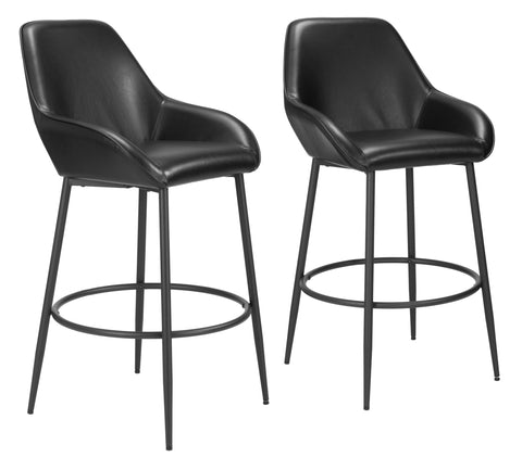 Zuo Vila Barstool (Set of 2) Black, Black Barstool, Modern Style, Faux Leather, Plush and Durable Faux Leather Fabric, Plywood, Indoor Bar, 22.4" W x 24" D x 42.5" H