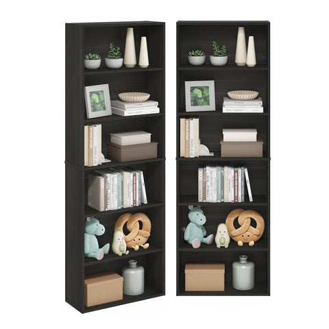 Furinno Jaya Book Shelf Set of 2, 6-Tier Bookshelf, Bookcase, 9.5 x 24.6 x 71, for Home Office, Living Room, Espresso