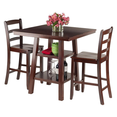 Oakestry Orlando Walnut 3-Piece High Dining Set with Storage Shelves & Ladder-Back Stools – Rustic Space-Saving Table for Kitchens, Dining Areas, and Multi-Use Family Spaces