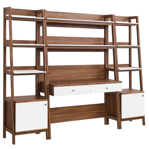 Modway 3-Piece Home Office Desk and Bookshelf Display Case in Walnut White