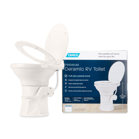 Camco Premium Ceramic Camper/RV Toilet - Features Gravity Flush System w/Convenient Foot Pedal - Full-Sized Ergonomic Design w/18 Chair Height - Soft-Close Wood Seat & Lid - Bone (41715)