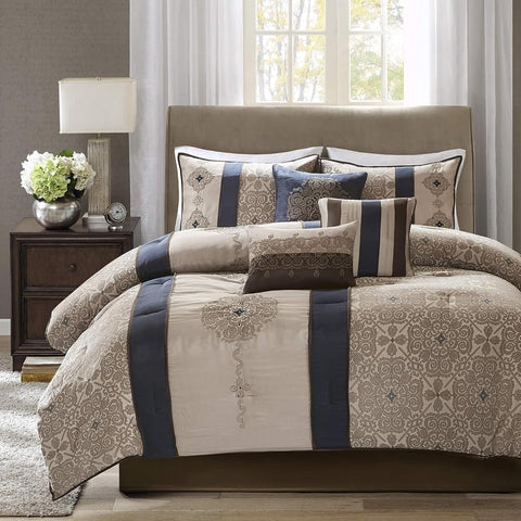 Oakestry 7 Piece Comforter Faux Silk-Traditional Luxurious Set for All Season with Pillows, King Shams and Matching Bed Skirt, Donovan, Navy