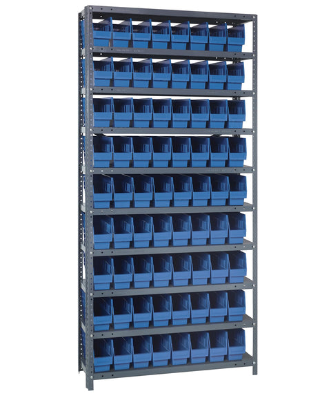 Quantum Storage Systems 1275-201BL Solid Heavy Duty 10 Shelves 72 STORE-MORE Blue Bins 75" H x 36" W x 12" D