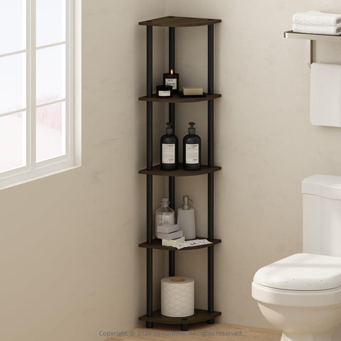 Furinno Turn-N-Tube 5 Tier Multipurpose Corner Display Rack Shelving Unit Dark Brown Grain/Black