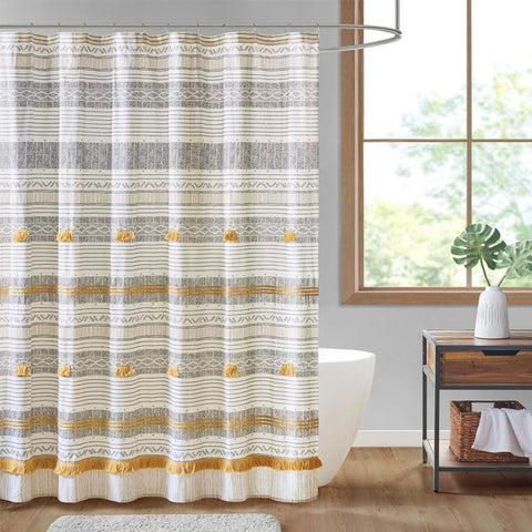 Oakestry Cody 100% Cotton Shower Curtain Modern Mid-Century Bathroom Decor Privacy with Tassel Pompom Fringes Trim, Machine Washable 72" x 72" Grey/Yellow