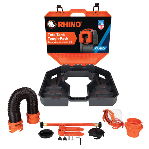 Camco Rhino Tote Tank Tough-Pack – Essential RV Accessory for Efficient Waste Management – Compact 7-Piece Kit Includes Sewer Hose & RV Storage Case (39023)