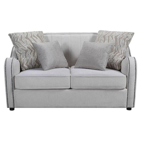 Oakestry Mahler Loveseat Beige Linen Fabric Upholstered Compact Seating Four Pillows Elegant Comfortable Durable Modern Living Room Furniture Contemporary Accent Couch Small Space Home Décor
