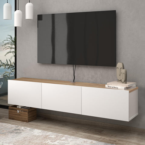 Atelier Mobili Floating TV Stand - Wall Mounted, Supports up to 80 inch TV, Modern White Entertainment Center for Living Room, White Floating TV Stand with Oak Counter Design