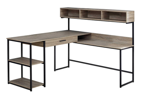 Monarch Specialties Workstation for Home & Office with Multiple Shelves and Drawer L-Shaped Corner Desk with Hutch, 60" L, Dark Taupe/Black Frame