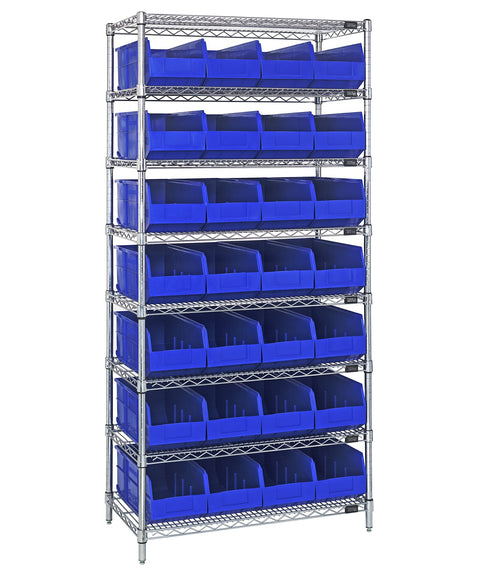 Quantum Storage Systems WR8-443BL Wire Heavy Duty 8 Shelves 28 Stackable Shelf Bins Blue Bins 74" H x 36" W x 14" D