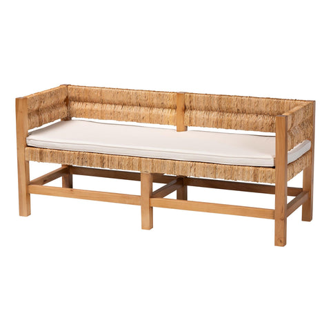 Bali & pari Ismael Accent Bench - Handwoven Seagrass Accent Seating with Mahogany Wood Frame, Raised Back Bench for Entryway or Living Room