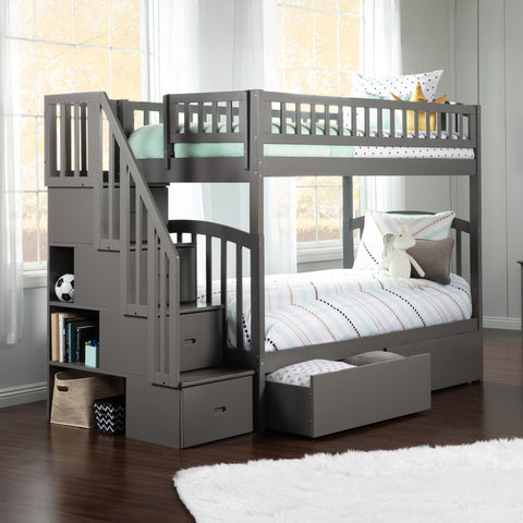 AFI Westbrook Staircase Bunk with Turbo Charger and Urban Bed Drawers, Twin/Twin, Grey