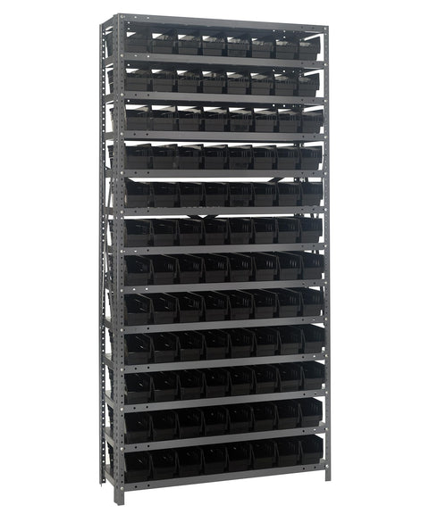 Quantum Storage Systems 1275-101BK Solid Heavy Duty 13 Shelves 96 Economy Black Bins 75" H x 36" W x 12" D