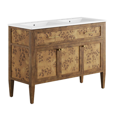 Modway Elysian 48" Burl Wood Double Bathroom Vanity in White Brown with Ceramic Sink Basin