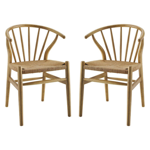 Modway Flourish Mid-Century Modern Rustic Farmhouse Wood Dining Chair Set of 2 in Natural
