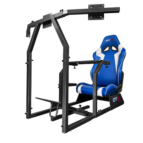 GTR Simulator GTA-F Model Black Frame Triple | Single Monitor Stand with Blue White Adjustable Leatherette Seat Racing Driving Gaming Simulator Cockpit Chair