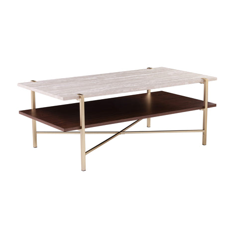 SEI Furniture Ardmillan Rectangular 47" Cocktail Table w/Storage, Brass and Dark Tobacco Finish w/White Faux Travertine