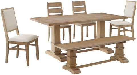 Joanna 6-Piece Dining Table Set For 7 Rustic Brown - Table, Bench, 2 Ladder-Back Chairs, & 2 Upholstered Chairs