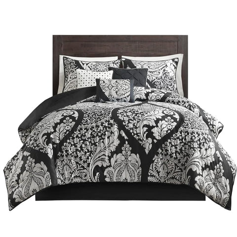 Oakestry 7-Pc Vienna Sateen Cotton Comforter Set Breathable and Trendy All Season Down Alternative Bedding with Matching Shams Pillow, California King, Black