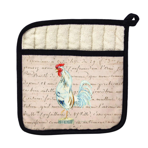 Betsy Drake PT133A White Rooster Beige Script Pot Holder