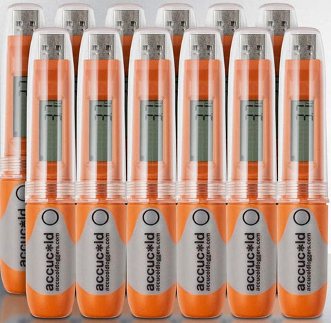 Set of 12 portable USB temperature loggers with LCD display