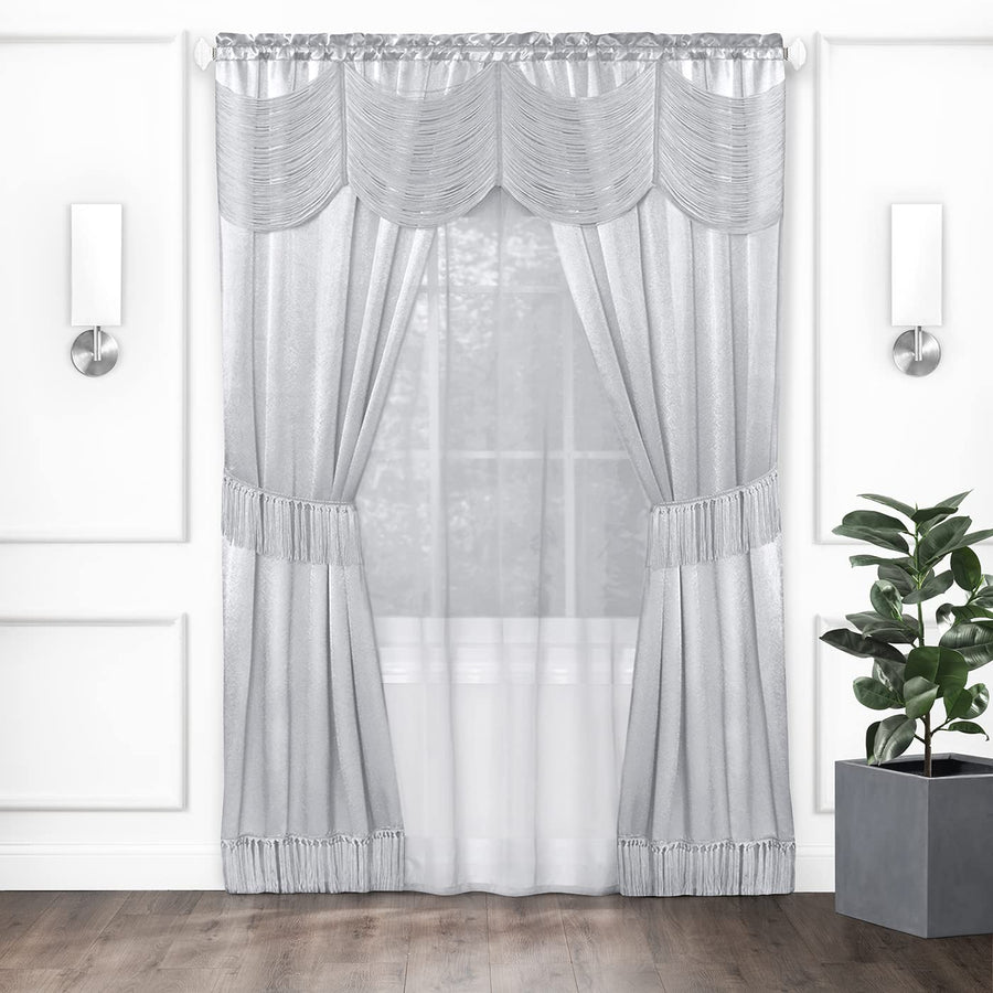 ACHIM Halley Window Curtains, 6-Piece Set - 56 Inch Width, 84 Inch Length, 2 Inch Rod Pocket - Silver - Includes Valance, 2 Solid Panels, Sheer Panel & 2 Removable Tie Backs Home Décor