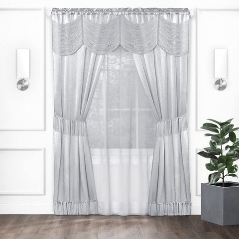 ACHIM Halley Window Curtains, 6-Piece Set - 56 Inch Width, 84 Inch Length, 2 Inch Rod Pocket - Silver - Includes Valance, 2 Solid Panels, Sheer Panel & 2 Removable Tie Backs Home Décor