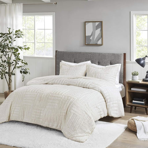 Oakestry 3-Piece Arctic Fur Modern Down Alternative Filling Comforter Soft Lightweight Set Striped Checkboard Pattern, King/California King, Ivory
