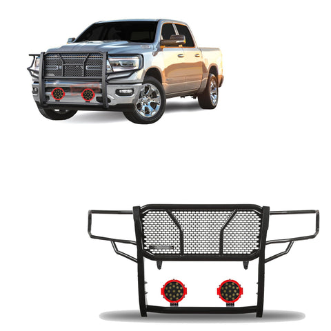 Black Horse RUGGED Heavy Duty Grille Brush Bumper Guard Modular Black Come With pair of 7.0"Dia.LED Lights with Red Trim Rings Compatible with 2019-2026 Ram 1500-RU-DORA19-B-PLR