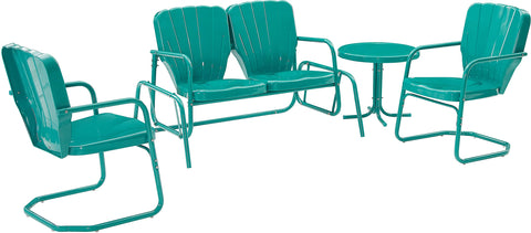 Ridgeland 4Pc Retro Outdoor Loveseat Glider Patio Set Turquoise Gloss - Loveseat Glider, Side Table, & 2 Armchairs