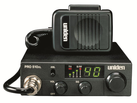 Uniden PRO510XL Pro Series 40-Channel CB Radio. Compact Design. Backlit LCD Display. Public Address. ANL Switch and 7 Watts of Audio Output. Unique PLL Circuit. S/RF LED Meter. , Black