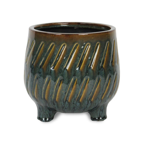 Cheungs Astrona Raised Round Dual Band Diagonal Patterned Ceramic Pot- Large - Dark Copper