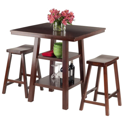 Oakestry Orlando 3-Piece Walnut Dining Set with Solid Wood Table and Two Saddle Seat Stools, Space-Saving Kitchen or Breakfast Nook Furniture