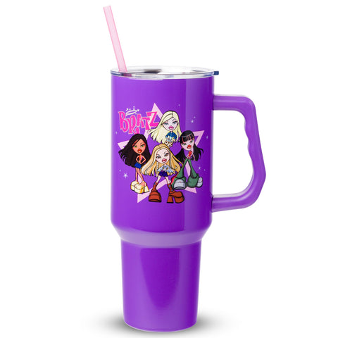 Silver Buffalo Bratz Featuring Cloe, Yasmin, Jade, and Sasha Double Walled Stainless Steel Tumbler with Handle and Straw, Fits in Standard Cup Holder, 40 Ounces