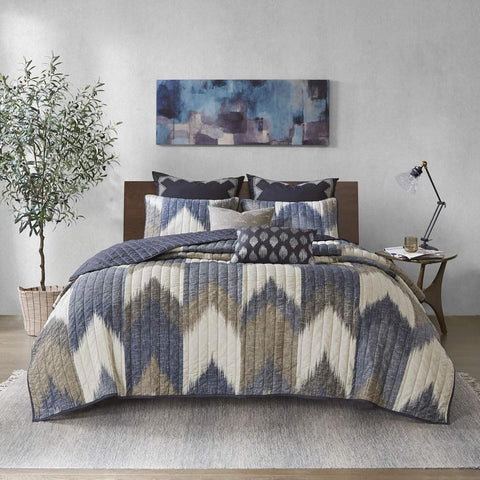 Oakestry 3-Pc Reversible Cotton Quilt Ikat Chevron Print All Season Breathable Luxury Double Sided Stitched Design, Full/Queen(88"X92"), Alpine Chevron Navy
