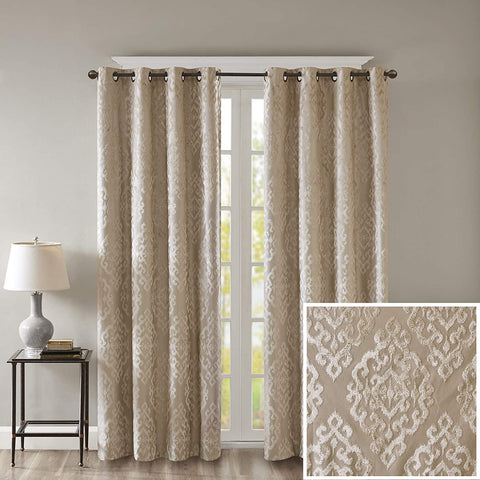 Sun Smart Mirage 100% Total Blackout Single Window Curtain, Knitted Jacquard Damask Room Darkening Curtain Panel with Grommet Top 50 x 95 in, Champange