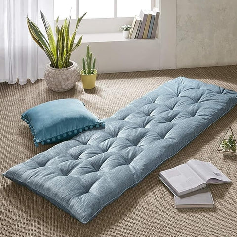 Oakestry Edelia Foldable Poly Chenille Floor Pillow Tufted Detailing Fluffing for Meditation or Yoga Play Board Game Long Lounger Cushion, Aqua