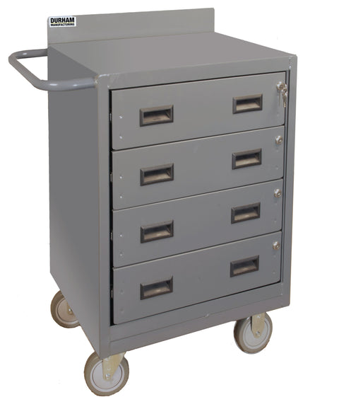 Mobile Bench Cabinet With 5 Inch X 1-1/4 Inch Polyurethane Casters (2) Rigid And (2) Swivel 4 Drawers Lockable With Tubular Push Handle Gray