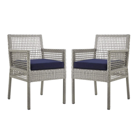 Modway Aura Wicker Rattan Outdoor Patio Two Dining Arm Chairs in Gray Navy