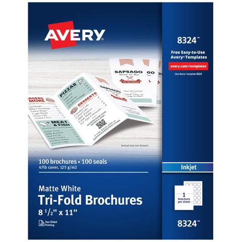 Avery Printable Tri-Fold Brochures with Mailing Seals, 8.5" x 11", Matte White, 100 Blank Brochure Paper for Inkjet Printers (08324)