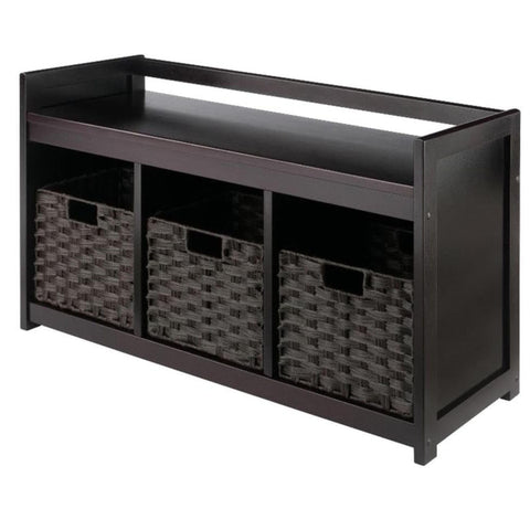 Oakestry Addison 4-Piece Wood Storage Bench with 3 Foldable Woven Baskets, Espresso & Chocolate – Stylish Home Organizer for Entryway, Bedroom, Living Room, or Office