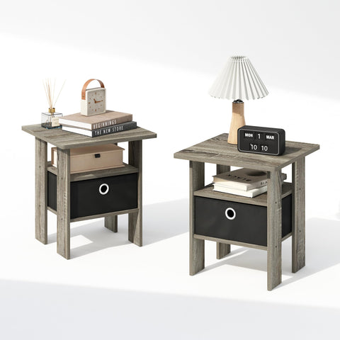 Furinno Tidur Bedside Table Nightstand with Bin Drawer French Oak/Black Set of 2