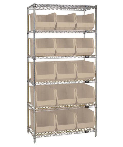 Quantum Storage Systems WR6-260IV 6-Tier Complete Wire Shelving System with 15 QUS260 Ivory Giant Open Hopper Bins, Chrome Finish, 18" Width x 36" Length x 74" Height