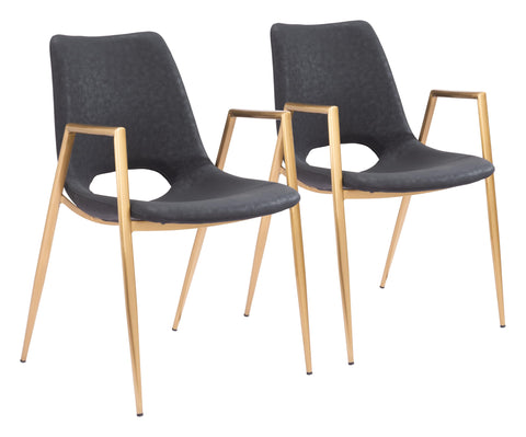 Zuo Desi Dining Chair (Set of 2) Black & Gold, Black Dining Chair, Plush and Durable Faux Leather Fabric, Plywood, Indoor Dining, 21.7" W x 23.2" D x 32.5" H